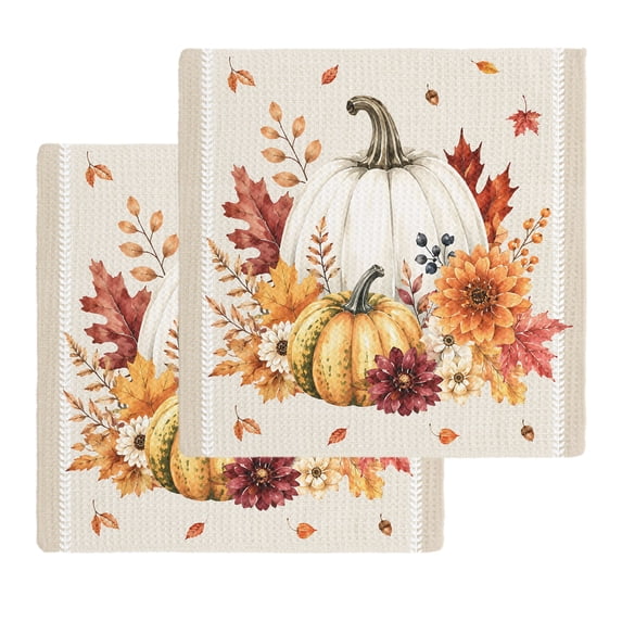 White Pumpkin Fall Kitchen Dish Towels for Drying Dishes Set of 2, Thanksgiving Maple Leaf Floral Rustic Waffle Weave Microfiber Hand Tea Bathroom Towels Quick Dry & Absorbent Towel 12x12