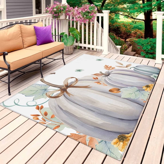 White Pumpkin Fall Outdoor Rug for Patio/Deck/Porch, Non-Slip Large Area Rug 5 x 8 Ft, Thanksgiving Botanical Leaves Farmhouse Indoor Outdoor Rugs Washable Area Rugs, Camping Rug Carpet Runner