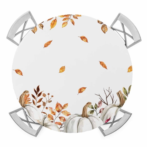 White Pumpkin Fall Round Tablecloth for 36-44 Inch Tables,Fitted Table Cover with Elastic Edge,Thanksgiving Eucalyptus Leaves Autumn Waterproof Outdoor Table Cloth Protector for Patio Garden Dinner
