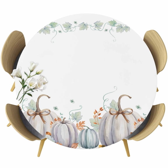 White Pumpkin Fall Round Tablecloth, Fitted Table Cover with Elastic for 36"-44" Round Tables, Thanksgiving Botanical Leaves Farmhouse Table Cloth Outdoor Indoor Dinning Party Waterproof Tablecloths