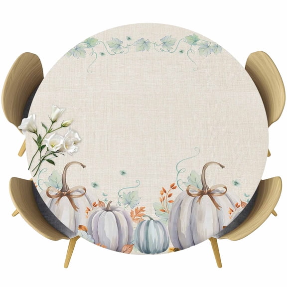 White Pumpkin Fall Round Tablecloth, Fitted Table Cover with Elastic for 36"-44" Round Tables, Thanksgiving Botanical Rustic Table Cloth Outdoor Indoor Dinning Party Waterproof Tablecloths