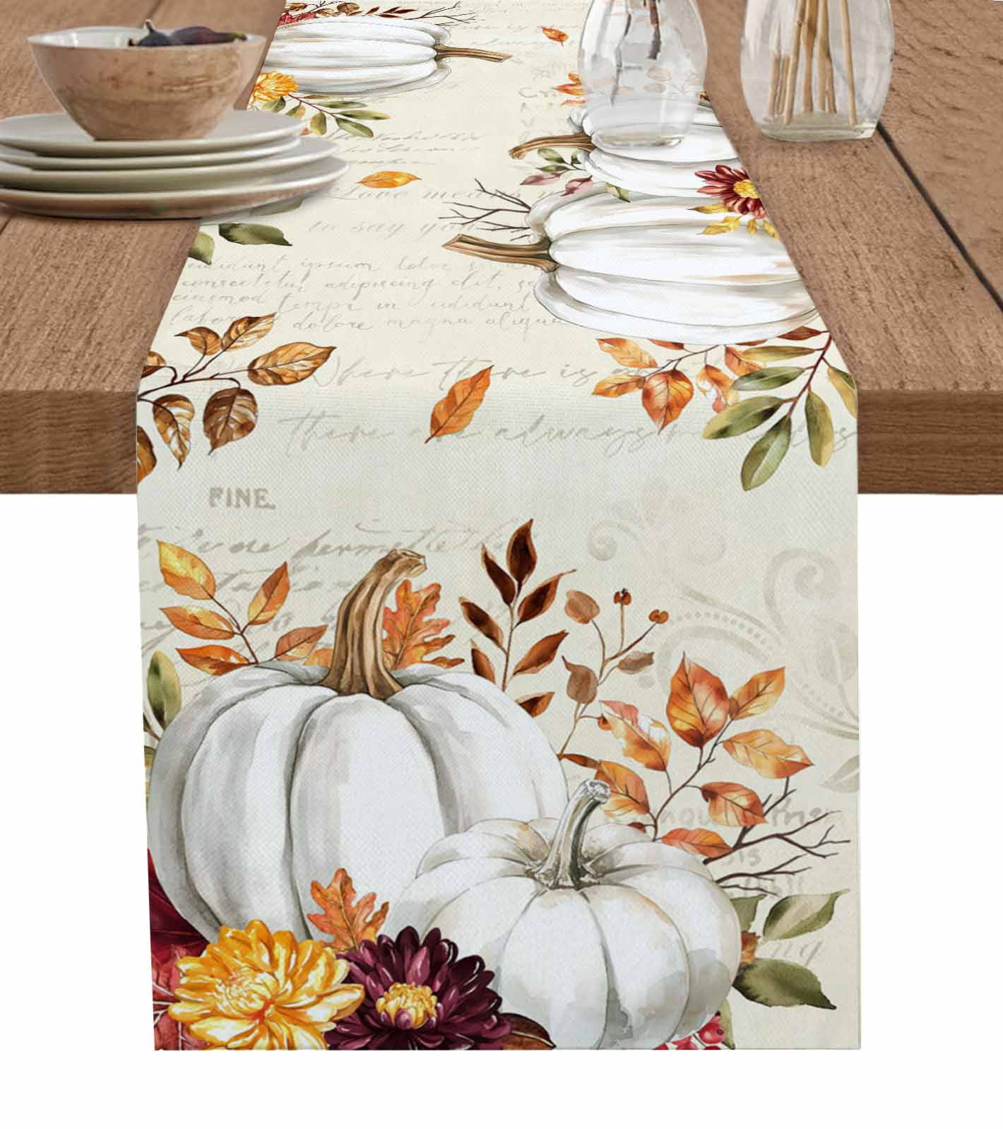 White Pumpkin Fall Table Runner 120 Inches, Thanksgiving Eucalyptus ...