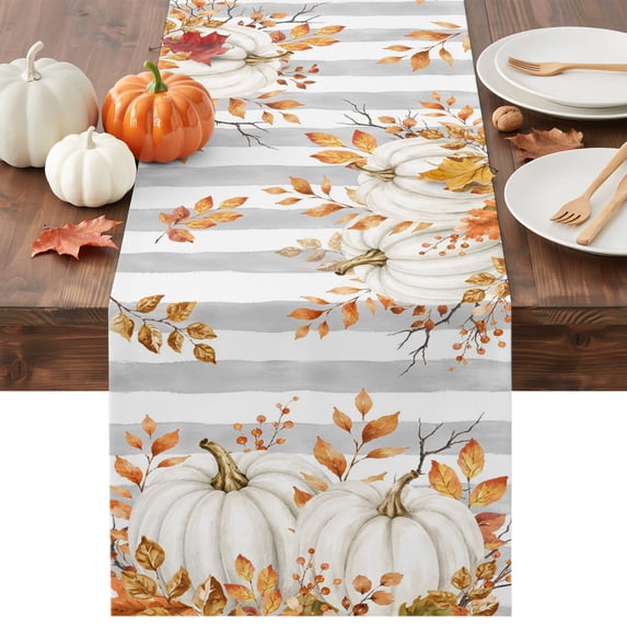 White Pumpkin Fall Table Runner - 90 Inch Long Thanksgiving Wooden Stripes Vintage Cotton and Linen Blended Dress Scarves Farmhouse Table Runner for Kitchen Dining, Coffee Table, 13" x 90"