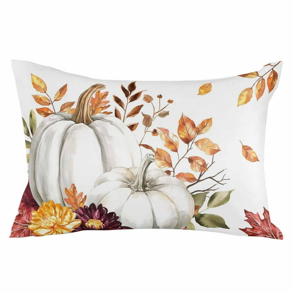 White Pumpkin Fall Throw Pillow Cover 20 x 30 Inch Decorative Pillow Cover Thanksgiving Eucalyptus Leaves Autumn Lumbar Pillowcase Seasonal Rectangle Cushion Case for Couch Sofa Bed Living Room