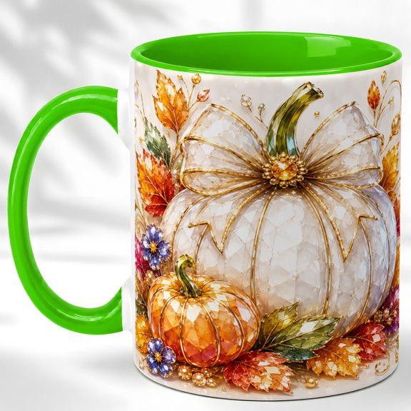 White Pumpkin Floral Coffee Mug, Fall Harvest Mug, Ceramic 11 oz