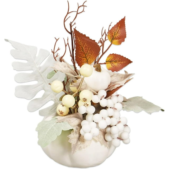 White Pumpkin Maple Tabletop Centerpiece Decor for Fall Thanksgiving Table Wood Sign Harvest Decoration with White Berry for Harvest 4*8inches