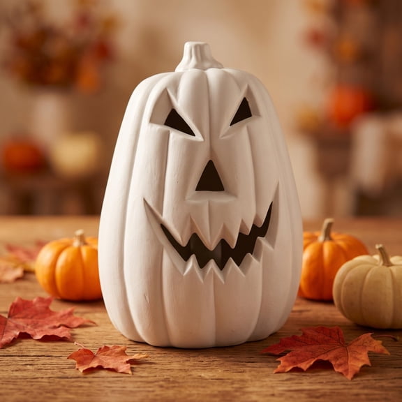 White Pumpkin Shaped Lantern,Halloween Glowing Resin Ornament,Style Desktop Mood Night Light,Battery Operated LED Decor,White Gothic Style for Home Party Ambiance