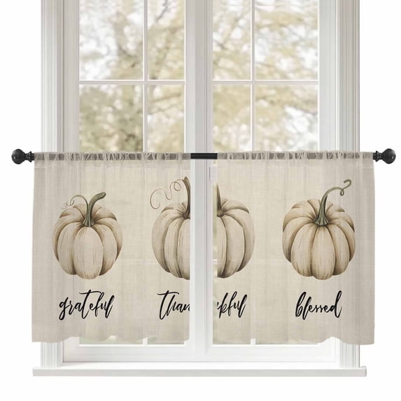 White Pumpkin Sheer Curtains 45 inches Long, Watercolor Thanksgiving Fall Linen Light Filtering Sheer Window Curtains Rod Pocket Voile Drapes for Bedroom Living Room, 52"W x 45"L 2 Panels