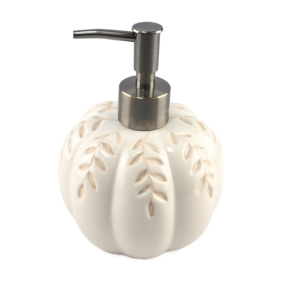 White Pumpkin Soap Dispenser with Embossed and Metal Pump, Fall Thanksgiving Bathroom Kitchen Counter Decor