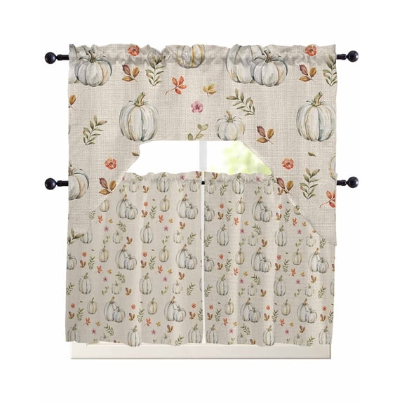 White Pumpkin Swag Curtains for Living Room/Bedroom Windows, Vintage Thanksgiving Fall Maple Leaves Kitchen Curtains and Valances Set 36 Inch Length, Light Filtering Swags Valance Curtain Panels