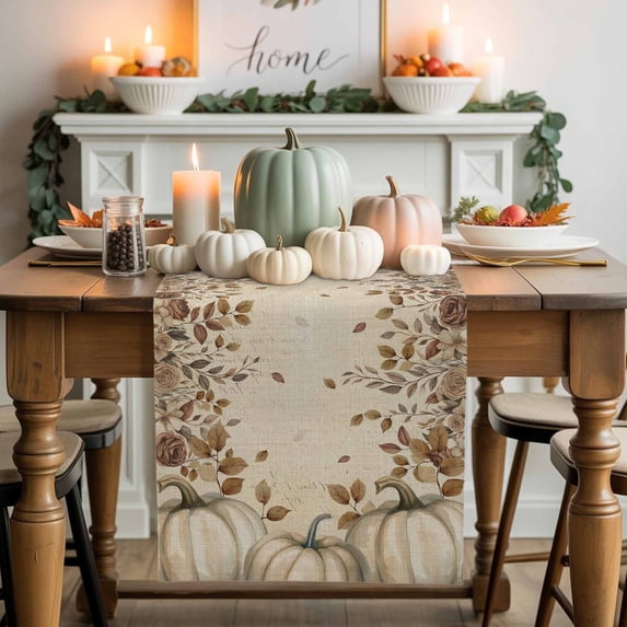 White Pumpkin Table Runner, Autumn Thanksgiving Kitchen Dining Table Decoration for Home Party Decor 13x36 Inches