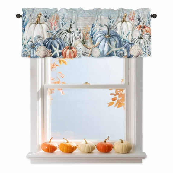 White Pumpkin Valances for Windows, 42 x 18in, Coastal Starfish Coral Shell Vintage Rod Pocket Kitchen Valance Curtain Light Filtering Window Treatments for Living Room Bedroom, 1 Panel
