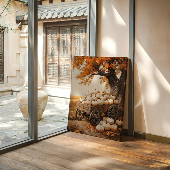 White Pumpkin Wagon Wall Art – Rustic Autumn Harvest Scene With Fall Leaves And Farmhouse Tree Wall Art, Modern Wall Decor, 24x36 UNFRAMED