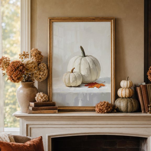 White Pumpkin Wall Art Autumn Botanical Poster Neutral Fall Decor Modern Wall Decor , Poster Print Only