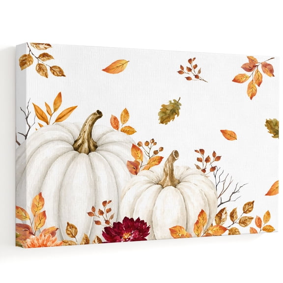 White Pumpkins Canvas Wall Art, Thanksgiving Fall Brown Leaf Rustic French Country Wall Art Prints Artwork Framed Canvas Ready to Hang Art Pictures for Hallway Living Dining Room Bedroom 24" x 16"