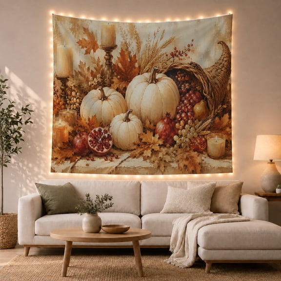 White Pumpkins with Cornucopia & Wheat on Rustic Wood, Cozy Farmhouse for Autumn Decor Lovers, Harvest Still Life Art, Thanksgiving Gift Tapestry Wall Hanging for Living Room and Bedroom