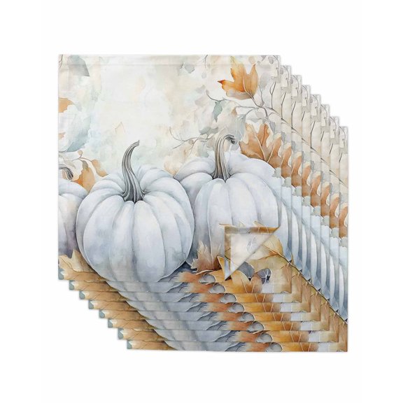 White Pumpkins Fall Cloth Napkins Set of 8 Reusable Dinner Napkins, Thanksgiving Botanical Pumpkin Cocktail Napkin Washable Table Napkins for Wedding/Holiday Party/Baby Shower 20"x20"