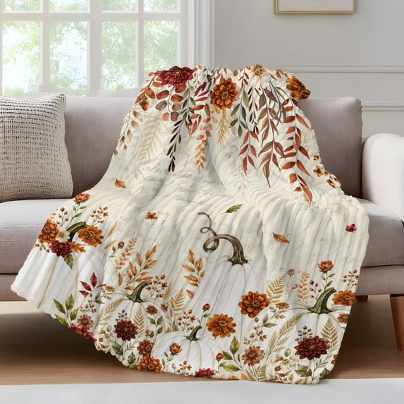 White Pumpkins Fall Fleece Throw Blanket for Couch, Thanksgiving Floral Leaves Farmhouse Microfiber Flannel Blanket for All Season, Lightweight Soft Throw Blankets for Bed, Sofa, Travel, 50"x60"
