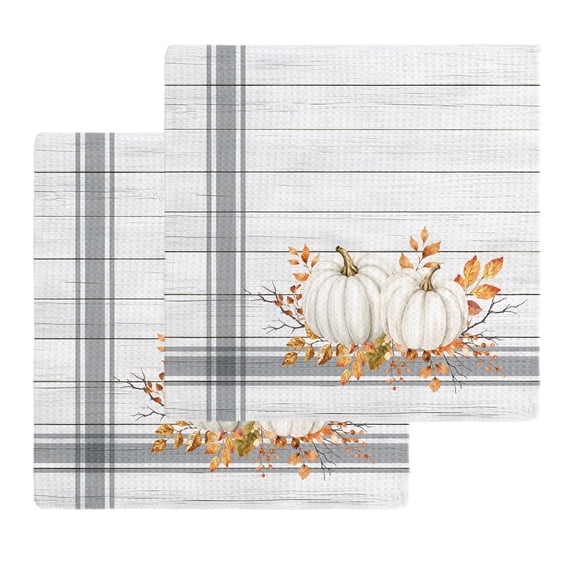 White Pumpkins Fall Kitchen Dish Towels for Drying Dishes Set of 2, Thanksgiving Botanical Grey Striped Wooden Waffle Weave Microfiber Hand Tea Bathroom Towels Quick Dry & Absorbent Towel 12x12