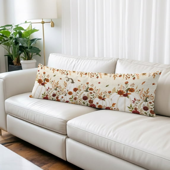White Pumpkins Fall Long Body Pillow Cover 20x60 Inch, Thanksgiving Floral Leaves Farmhouse Decorative Pillowcase with Zipper, Microfiber Pillow Protector, Soft Breathable Long Pillowcases for Women
