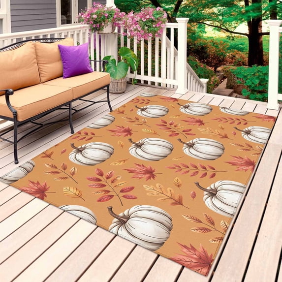 White Pumpkins Fall Outdoor Rug for Patio/Deck/Porch, Non-Slip Large Area Rug 5 x 7 Ft, Thanksgiving Maple Leaf Autumn Orange Indoor Outdoor Rugs Washable Area Rugs, Camping Rug Carpet Runner