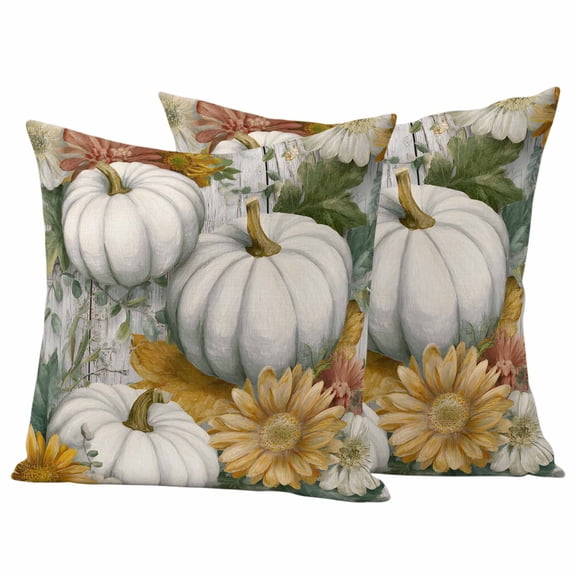 White Pumpkins Fall Outdoor Waterproof Pillow Covers, Thanksgiving Botanical Sunflower Vintage Decorative Square Throw Pillowcase Sofa Cushion Sham for Patio/Couch/Chair, 24"x24" 2 Pack