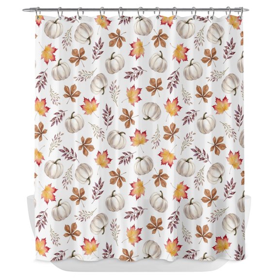 White Pumpkins Fall Shower Curtain - Water Repellent Fabric Shower Curtains Washable, Thanksgiving Maple Leaves Autumn Decorative Polyester Cloth Bathroom Curtains Modern Bath Decor 72"x72"
