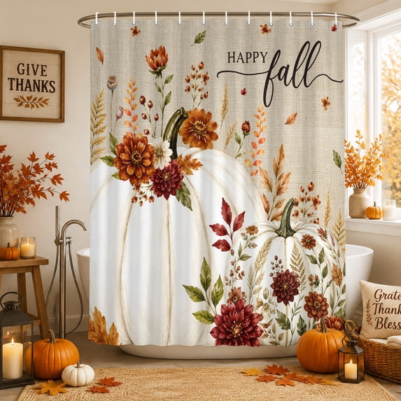 White Pumpkins Fall Shower Curtains for Bathroom, Thanksgiving Floral Botanical Rustic Waterproof Fabric Shower Curtain, Decorative Bathroom Curtain for Bathtub, 72"x84", No Hooks Included