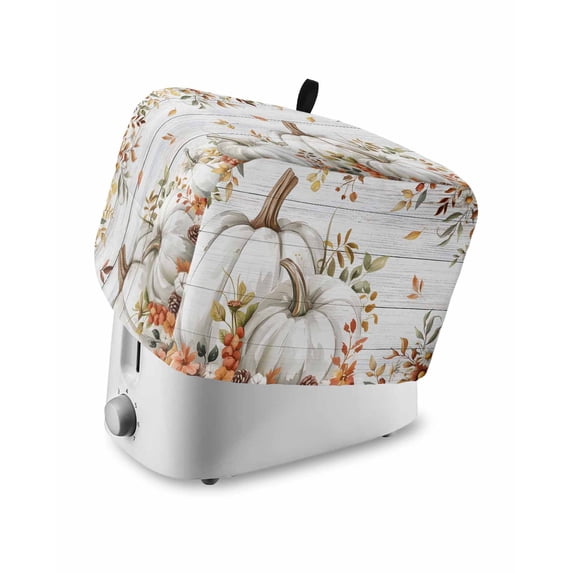 White Pumpkins Fall Small Toaster Cover 2 Slice, Kitchen Appliance Covers, Thanksgiving Eucalyptus Wildflowers Wood Toaster Oven Cover with Loop, Bread Machine Cover Polyester Dust Cover Protection