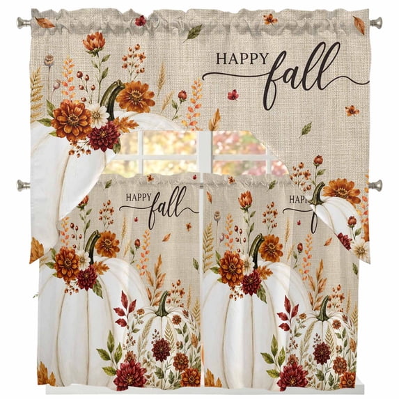 White Pumpkins Fall Swag Curtains for Living Room/Bedroom Windows, Thanksgiving Floral Botanical Rustic Kitchen Curtains and Valances Set 36 Inch Length, Light Filtering Swags Valance Curtain Panels