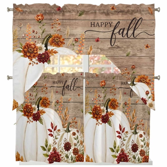 White Pumpkins Fall Swag Kitchen Curtains Sets for Windows 24 Inch Length, Wooden Thanksgiving Floral Botanical Short Window Curtain Panels Swags Valances and Tiers 3 Piece Set for Cafe/Dining Room