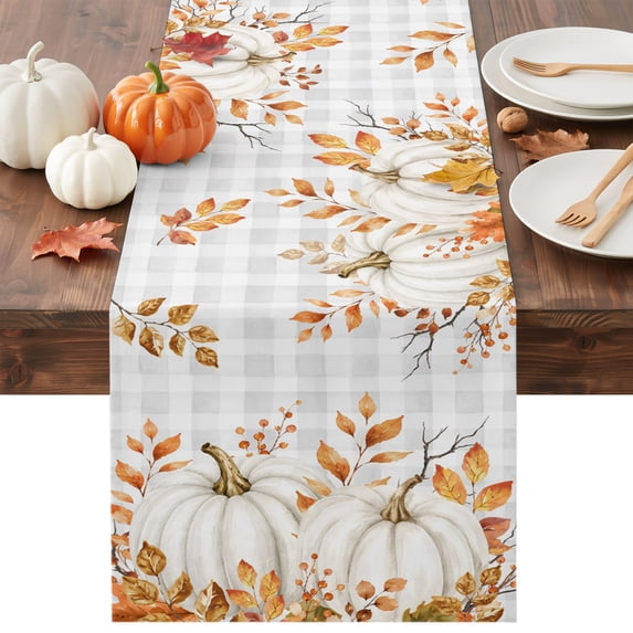 White Pumpkins Fall Table Runner - 108 Inch Long Thanksgiving Botanical Grey Checkered Cotton and Linen Blended Dress Scarves Farmhouse Table Runner for Kitchen Dining, Coffee Table, 13" x 108"