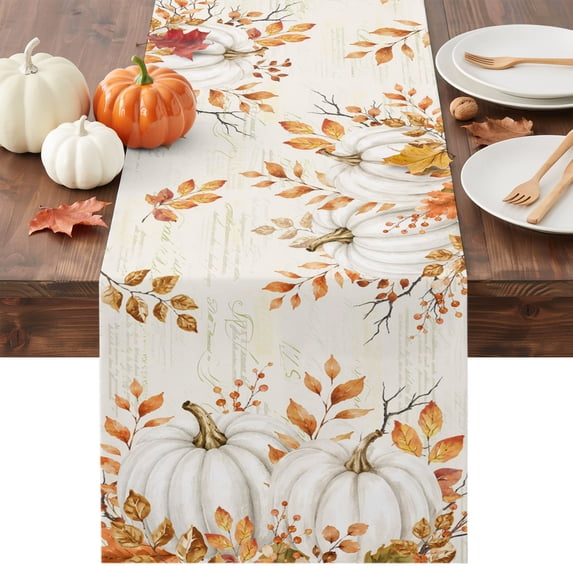 White Pumpkins Fall Table Runner - 90 Inch Long Thanksgiving Botanical Leaves Cotton and Linen Blended Dress Scarves Farmhouse Table Runner for Kitchen Dining, Coffee Table, 13" x 90"