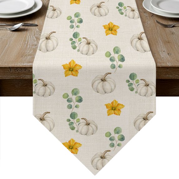 White Pumpkins Fall Table Runner Linen Burlap Table Runner 36 Inches Small Thanksgiving Eucalyptus Farmhouse Dresser Scarves for Kitchen Island Coffee Dining Room Party Holiday Decoration 13"x36"