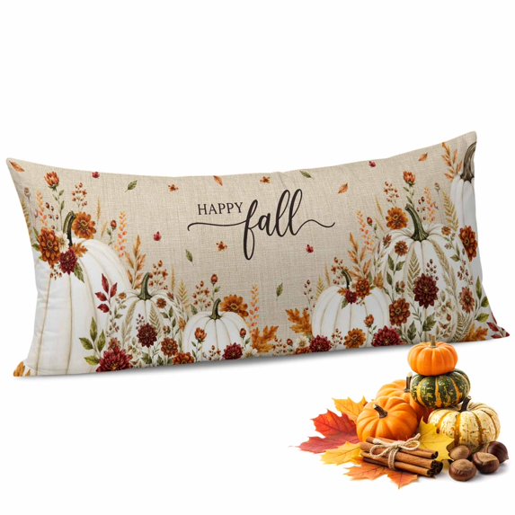 White Pumpkins Fall Throw Pillow Covers,Thanksgiving Floral Botanical Rustic Soft Breathable Pillow Cases with Zipper for Sleeping,Long Body Pillowcases for Couch Bed Sofa Chair 20x54 Inches