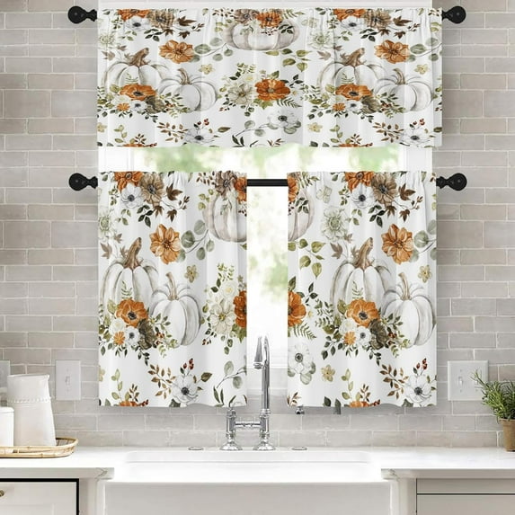 White Pumpkins Kitchen Curtains Fall Window Curtains Valance and Tier Set 36 Inch, Autumn Orange Floral Rod Pocket Short Tier Curtain for Room, Watercolor Small Cafe Kitchen Decor