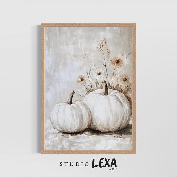 White Pumpkins Wall Art Neutral Fall Decor Rustic Autumn Farmhouse Poster Minimal Thanksgiving , Poster Print Only