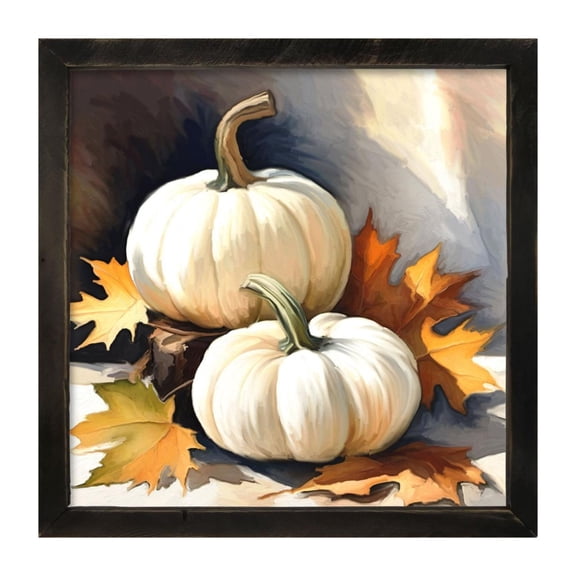 White Pumpkins With Fall Leaves - Black Frame 27x27 - Ginger Blue Home