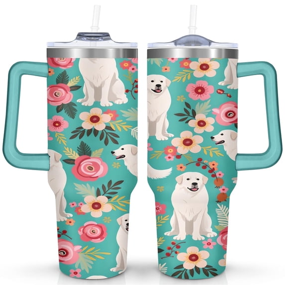 White Puppy and Colorful Flowers 40 Oz Tumbler with Handle Lid and Straw, Stainless Steel Double Walled Vacuum Insulated Cup, Cute Birthday Gifts Tumbler for Women Men Friends