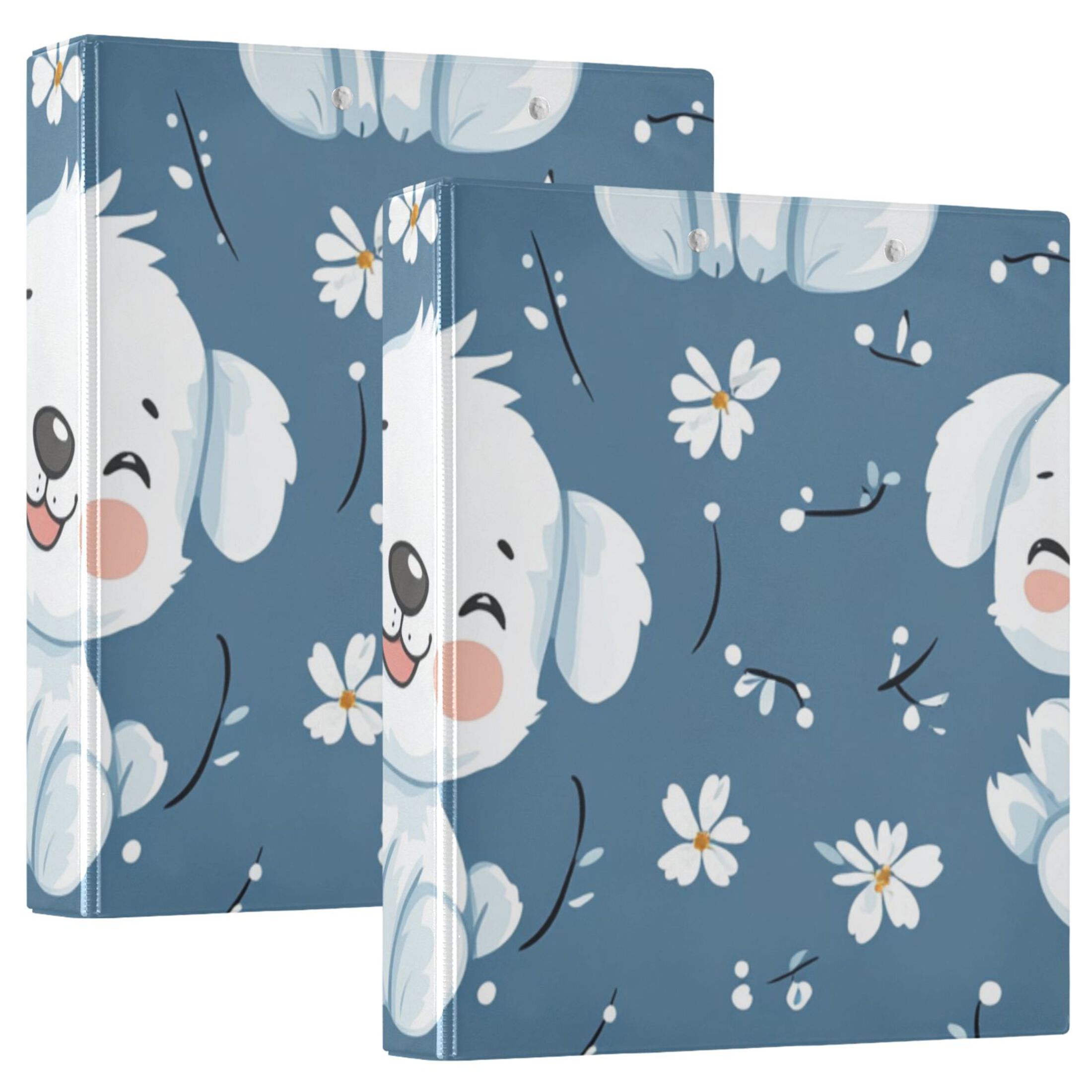 White Puppy Flowers 3 Ring Binders 1.5 inch Hardcover File Folders with Interior Pockets A4 Size Organizer for School Office Hospital Set of 2