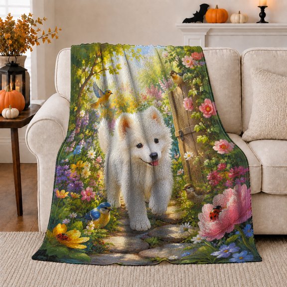 White Puppy on Stone Garden Path, Playful Soft Painterly Style for Dog Lovers, Bird Flower Garden Motif Housewarming Gift, Cozy Flannel Blanket for Living Room and Bedroom, Home Decor