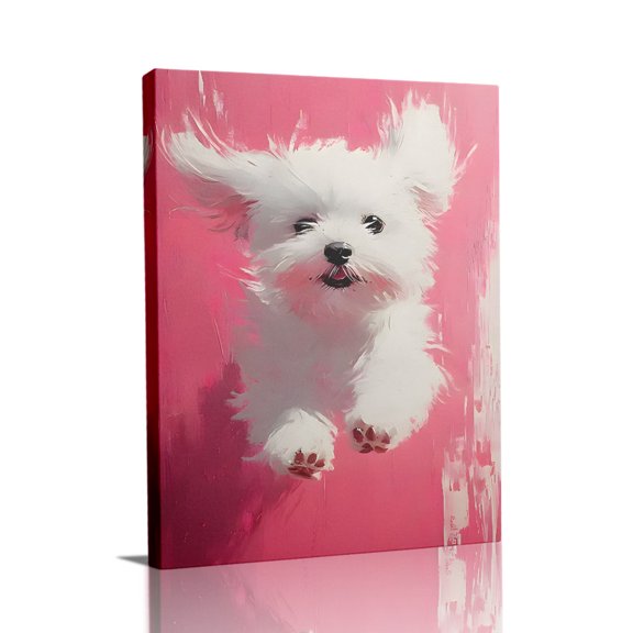 “White Puppy on Bold Pink Background (Playful Tone)” Vibrant Canvas Wall Art Ready to Hang for Living Room and Bedroom