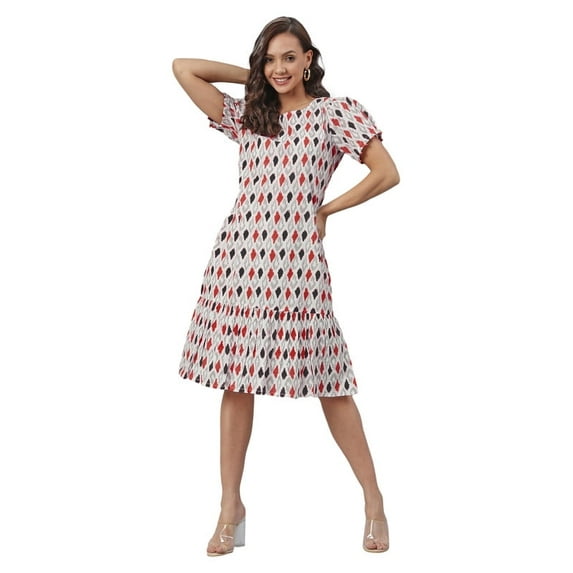 White Pure Cotton Ikkat Printed A-Line Dress