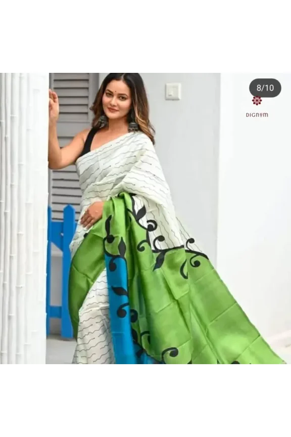 White Pure Silk Hand Painted Saree