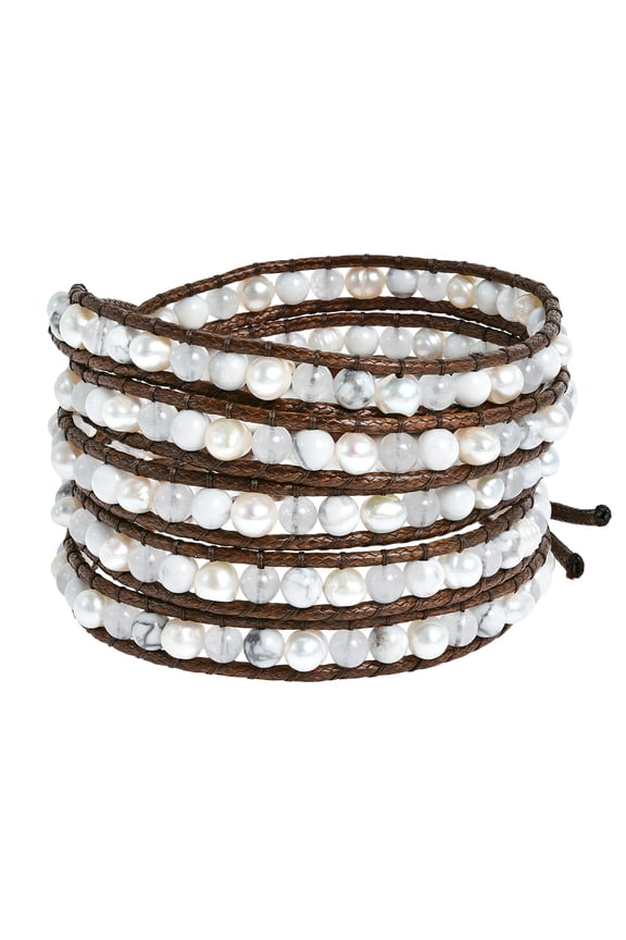 White Purity Cultured Freshwater Pearl and Reconstructed White Agate Snake Cord Leather Five Wrap Bracelet