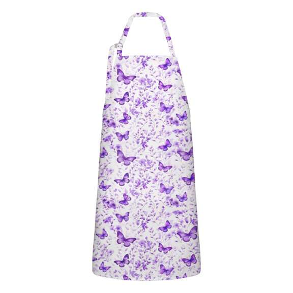 White Purple Butterfly Flower Pattern Apron-Garden Aprons for Women with Pockets-Cotton Linen Waterproof Kitchen Cooking Gardening Aprons Adjustable for Kitchen,Cooking,BBQ and Salon 33x27 Inch