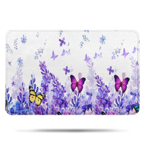 White Purple Butterfly Flower Pattern Bathroom Rugs Mat,Non Slip Microfiber Bathroom Rug,Rubber Backing,Soft Bathroom Mats for Bathroom Floor,Tub and Shower,17x27in(43x68cm)