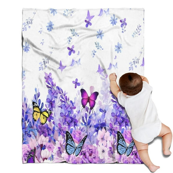 White Purple Butterfly Flower Pattern Blanket,Comfortable Soft Flannel Throw Blanket,All Season,Warm Lightweight Blankets for Sofa Bed Couch Living Room Chair,30"x40"