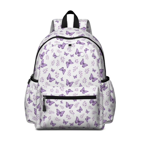 White Purple Butterfly Flower Pattern Cute School Backpack with Padded Back and Adjustable Shoulder Straps 13.4"x11"x4.7"