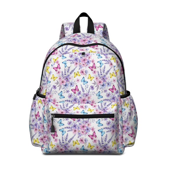 White Purple Butterfly Flower Pattern Cute School Backpack with Padded Back and Adjustable Shoulder Straps 13.4"x11"x4.7"